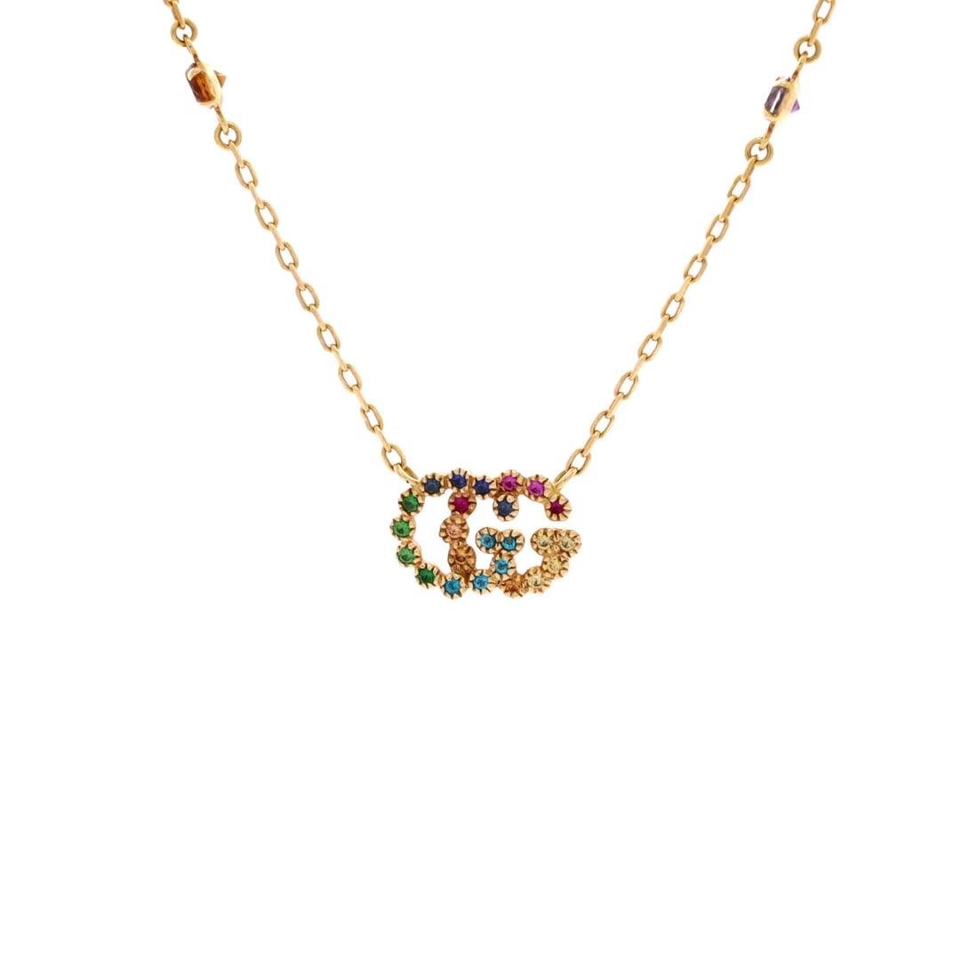 Gucci GG Double Station Pendant Necklace in 18K Yellow Gold with Rhinestones: Gucci GG Double Station Pendant Necklace in 18K Yellow Gold with Rhinestones Elevate your style with the iconic Gucci GG Double Station Pendant Necklace, crafted in 18K yellow gold and adorned with
