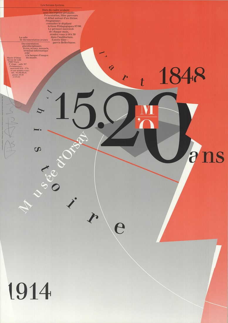 Conte PHILIPPE APELOIG Musee d'Orsay SIGNED 27.5" x 19.5" Offset Lithograph 1987: Conte PHILIPPE APELOIG Musee d'Orsay SIGNED 27.5" x 19.5" Offset Lithograph 1987 Experience the vibrant colors and abstract energy of Philippe Apeloig's Musee d'Orsay, a stunning offset lithograph