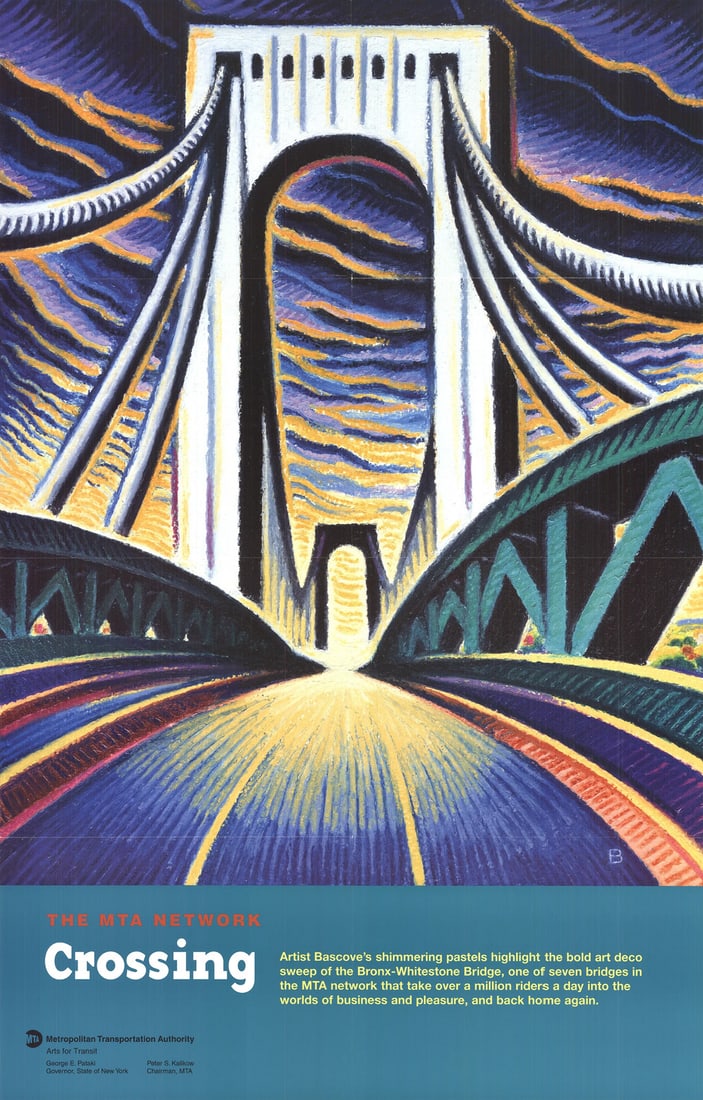 Lithograph ANNE BASCOVE Crossing the Bronx-Whitestone Bridge 46" x 29.5" Offset: Lithograph ANNE BASCOVE Crossing the Bronx-Whitestone Bridge 46" x 29.5" Offset A stunning lithograph by renowned artist Anne Bascove, "Crossing the Bronx-Whitestone Bridge" is a captivating