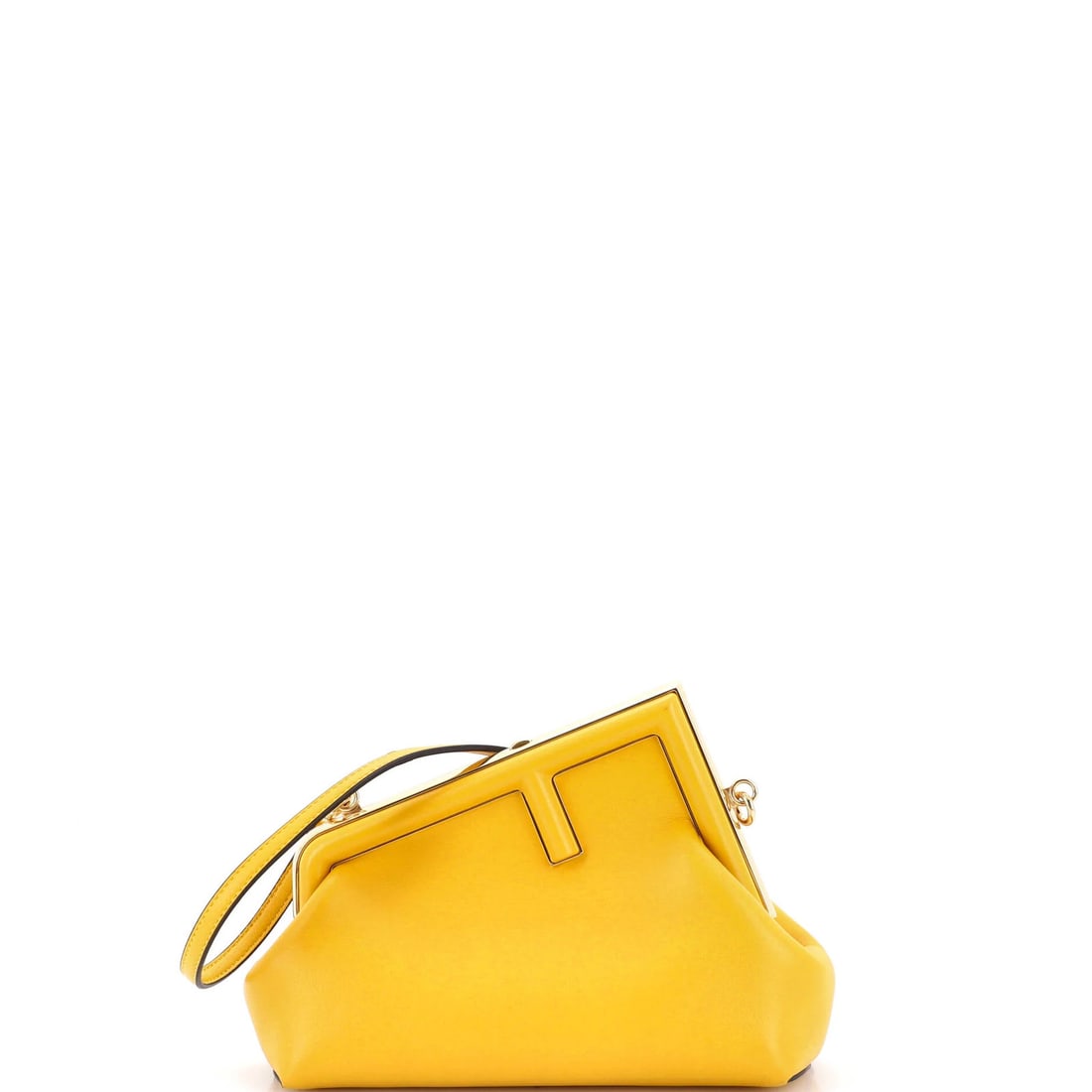 Small Fendi First Bag Leather: Small Fendi First Bag Leather A vibrant and stylish Fendi First Bag Leather clutch, this small yet elegant bag boasts a sunny yellow exterior and rich brown interior, finished with gold hardware for