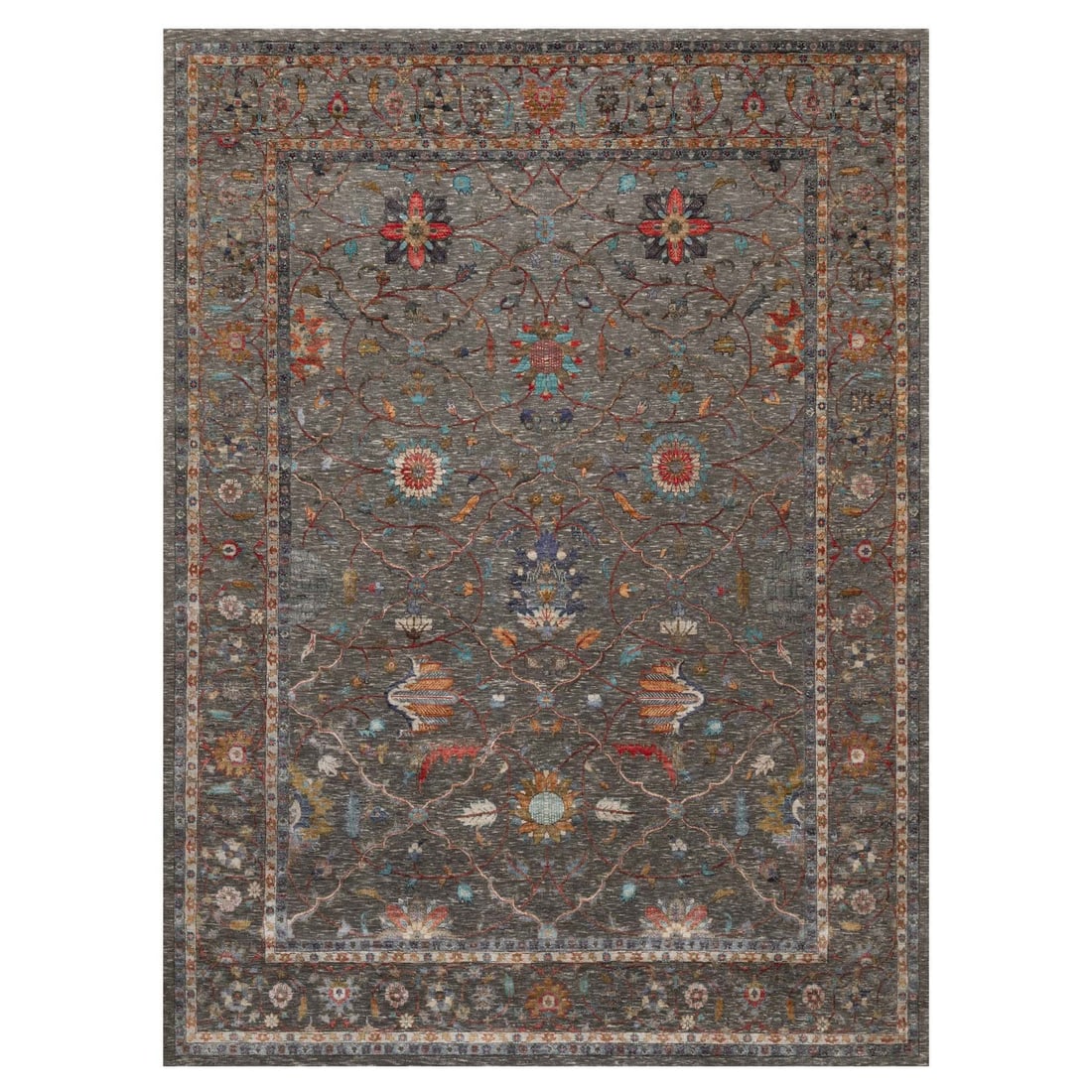 Rug 9'x12'1" Brown Scrolls Leaf Design Striae Hand Knotted Silk and Wool: Rug 9'x12'1" Brown Scrolls Leaf Design Striae Hand Knotted Silk and Wool Experience the rich beauty of India with this stunning 9'x12' hand-knotted rug, crafted from luxurious silk and wool in an
