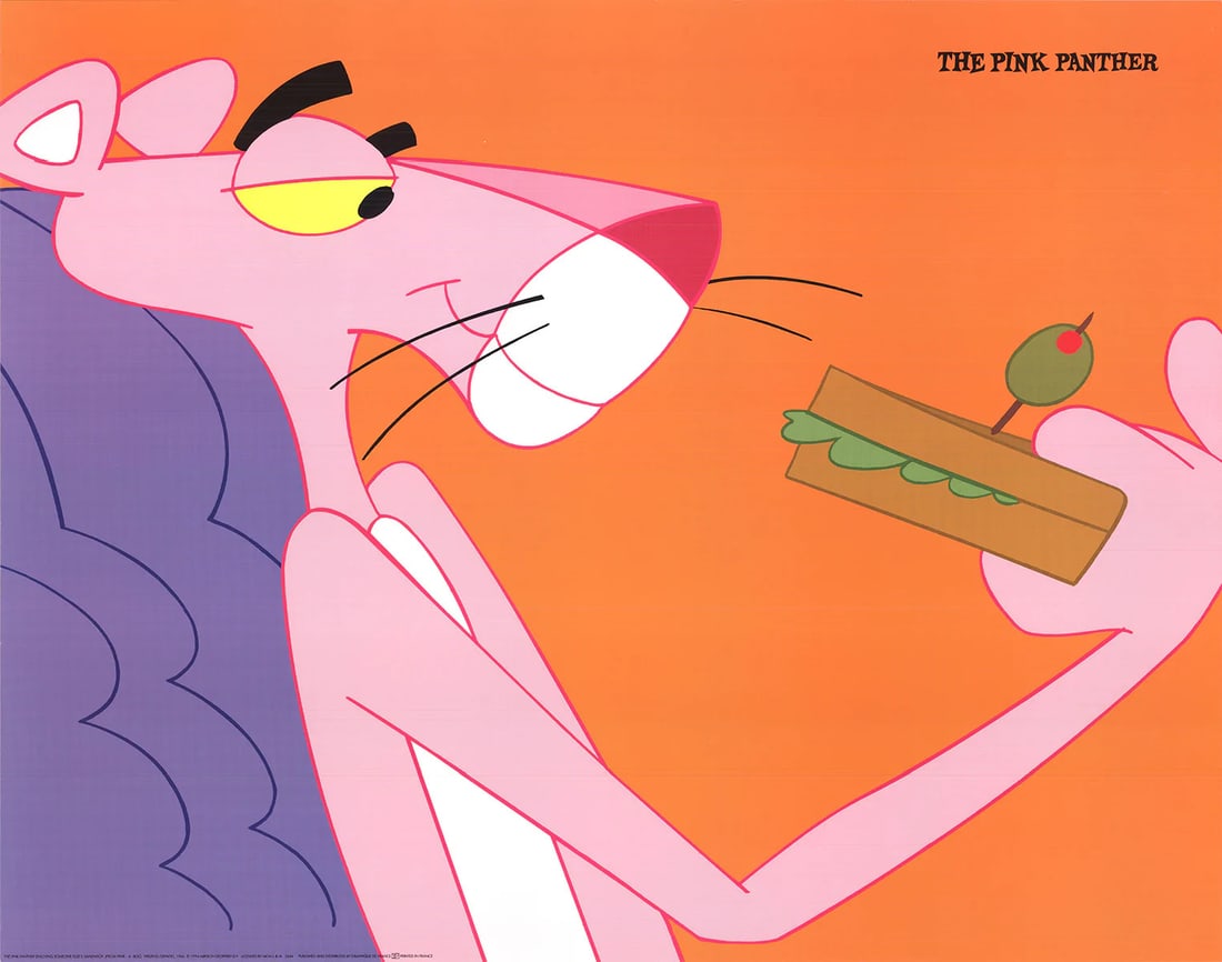 Offset BLAKE EDWARDS The Pink Panther Enjoying Someone Else's Sandwich 22" x 28": Offset BLAKE EDWARDS The Pink Panther Enjoying Someone Else's Sandwich 22" x 28" A rare and playful print from the iconic film director Blake Edwards, "The Pink Panther Enjoying Someone Else's