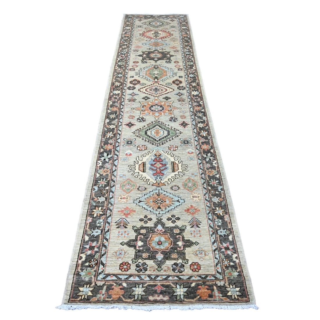 Rug 2'9"x12' Gray Peshawar Karjihooz Design Pure Wool Hand Knotted Runner: Rug 2'9"x12' Gray Peshawar Karjihooz Design Pure Wool Hand Knotted Runner Experience the rich heritage of Afghan craftsmanship with this stunning 2'9"x12' Gray Peshawar Karjihooz Design Pure Wool