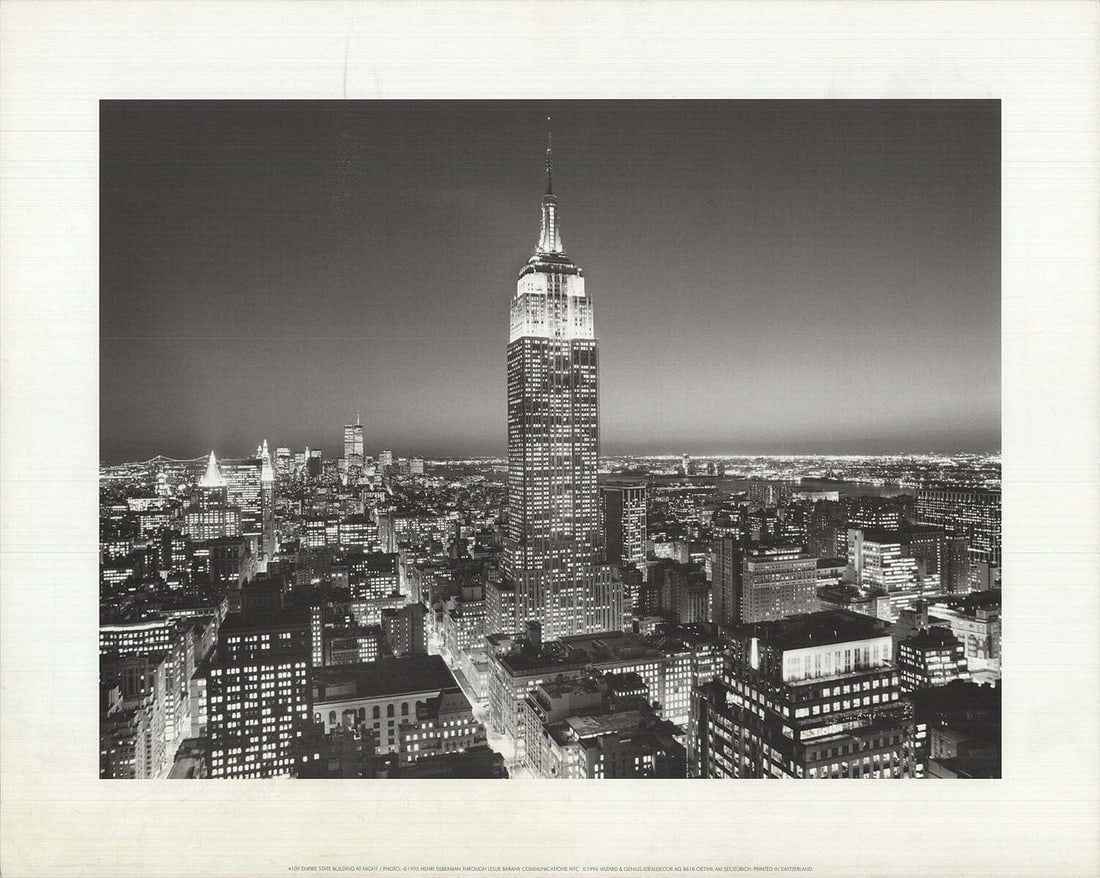 Lithograph HENRI SILBERMAN Empire State Building at Night 15.75" x 19.75" Offset: Lithograph HENRI SILBERMAN Empire State Building at Night 15.75" x 19.75" Offset Elevate your art collection with Henri Silberman's stunning lithograph, Empire State Building at Night, a 1996