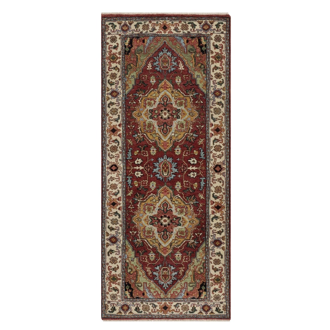 Runner 2'7"x6'1" Red Antiqued Fine Heris Re-Creation Rug Hand Knotted Wool: Runner 2'7"x6'1" Red Antiqued Fine Heris Re-Creation Rug Hand Knotted Wool Experience the rich beauty of India's Heris style, expertly recreated in this stunning hand-knotted wool runner rug. With its