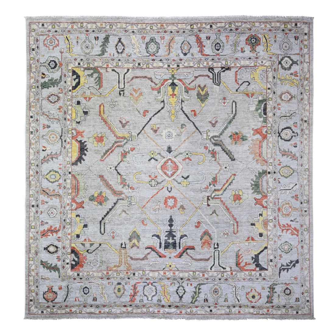 Rug 11'9"x11'9" Gray Afghan Angora Oushak Wool Hand Knotted Square: Rug 11'9"x11'9" Gray Afghan Angora Oushak Wool Hand Knotted Square Experience the rich beauty of Afghan craftsmanship in this stunning 11'9"x11'9" Gray Oushak wool hand-knotted square rug, expertly