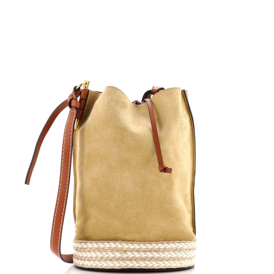 Loewe Gate Bucket Bag in Medium, Leather & Suede with Raffia: Loewe Gate Bucket Bag in Medium, Leather & Suede with Raffia The iconic Loewe Gate Bucket Bag is a timeless classic, boasting a striking raffia and suede exterior in rich brown hues that exude
