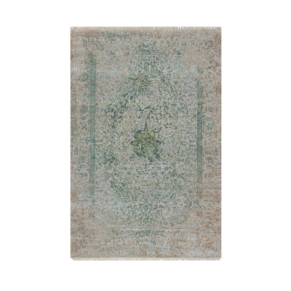 Rug 6'x9' Silver-Green Erased Medallion Design Hand Knotted Wool and Silk: Rug 6'x9' Silver-Green Erased Medallion Design Hand Knotted Wool and Silk Experience the rich heritage of Indian craftsmanship with this stunning 6'x9' Silver-Green Erased Medallion Design hand