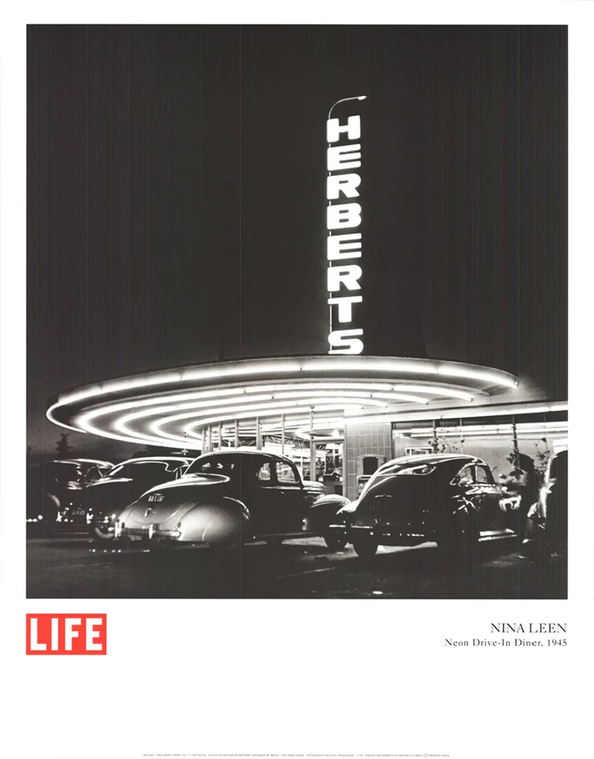 Photography NINA LEEN Neon Drive-In Diner 28" x 22" Offset Lithograph 1997: Photography NINA LEEN Neon Drive-In Diner 28" x 22" Offset Lithograph 1997 A stunning offset lithograph by Nina Leen, the Neon Drive-In Diner is a captivating black and white image that showcases the