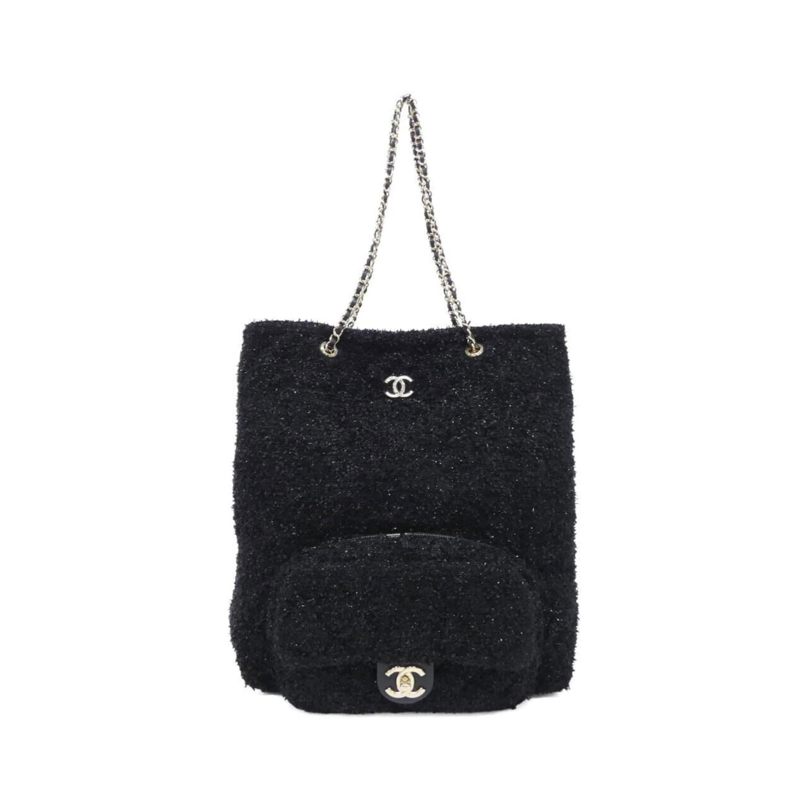 Chanel Tweed Handbag: Chanel Tweed Handbag Experience the timeless elegance of Chanel's iconic tweed handbag, crafted from luxurious black tweed and adorned with sleek gold hardware. This stylish bag boasts a spacious