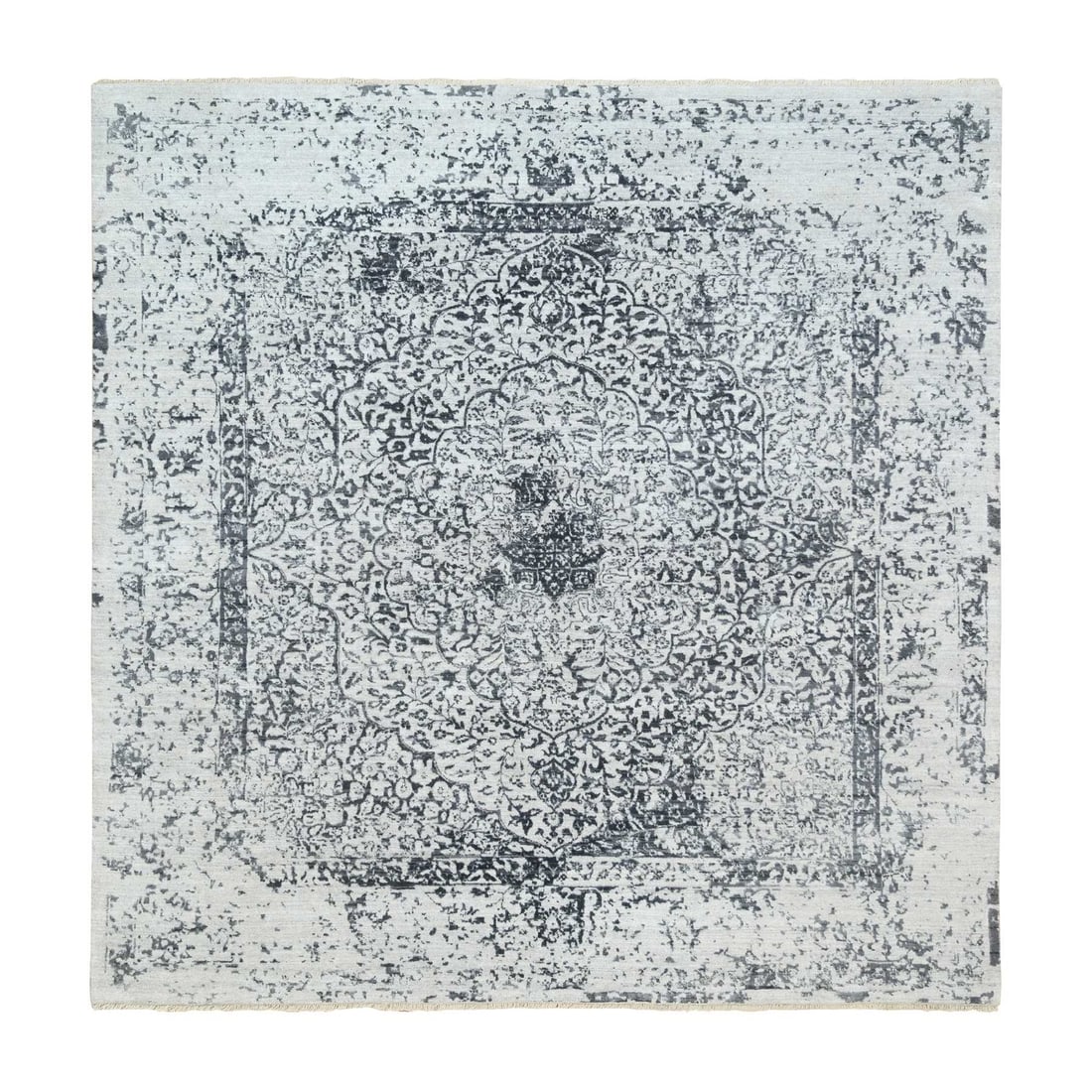 Rug 8'x8' Hand Knotted Gray Erased Farsian Design Wool and Silk Square: Rug 8'x8' Hand Knotted Gray Erased Farsian Design Wool and Silk Square Experience the timeless beauty of Indian craftsmanship with this stunning 8'x8' hand-knotted gray erased Farsian design wool and
