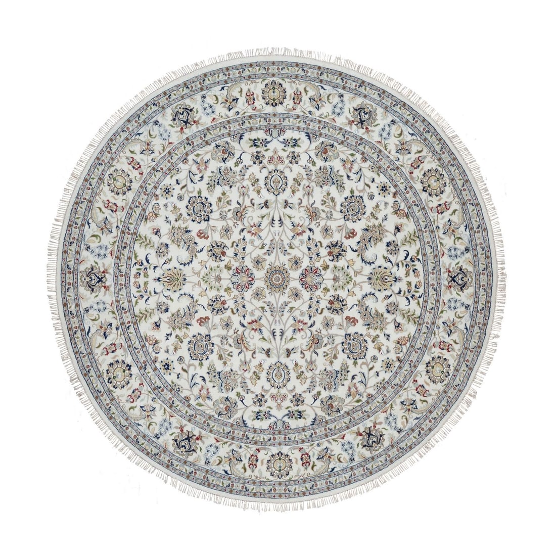 Rug 9'8"x9'8" White Nain Floral Design Wool and Silk Hand Knotted Round: Rug 9'8"x9'8" White Nain Floral Design Wool and Silk Hand Knotted Round Experience the timeless beauty of traditional Turkish craftsmanship in this stunning 9'8"x9'8" white Nain floral design rug, han