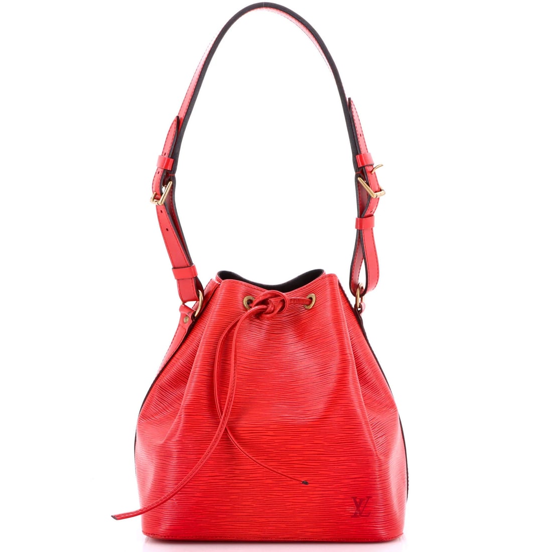 Louis Vuitton Petit Noe Handbag in Epi Leather: Louis Vuitton Petit Noe Handbag in Epi Leather A stunning Louis Vuitton Petit Noe handbag in rich red Epi leather, boasting the iconic monogram pattern and timeless bucket style. With its classic