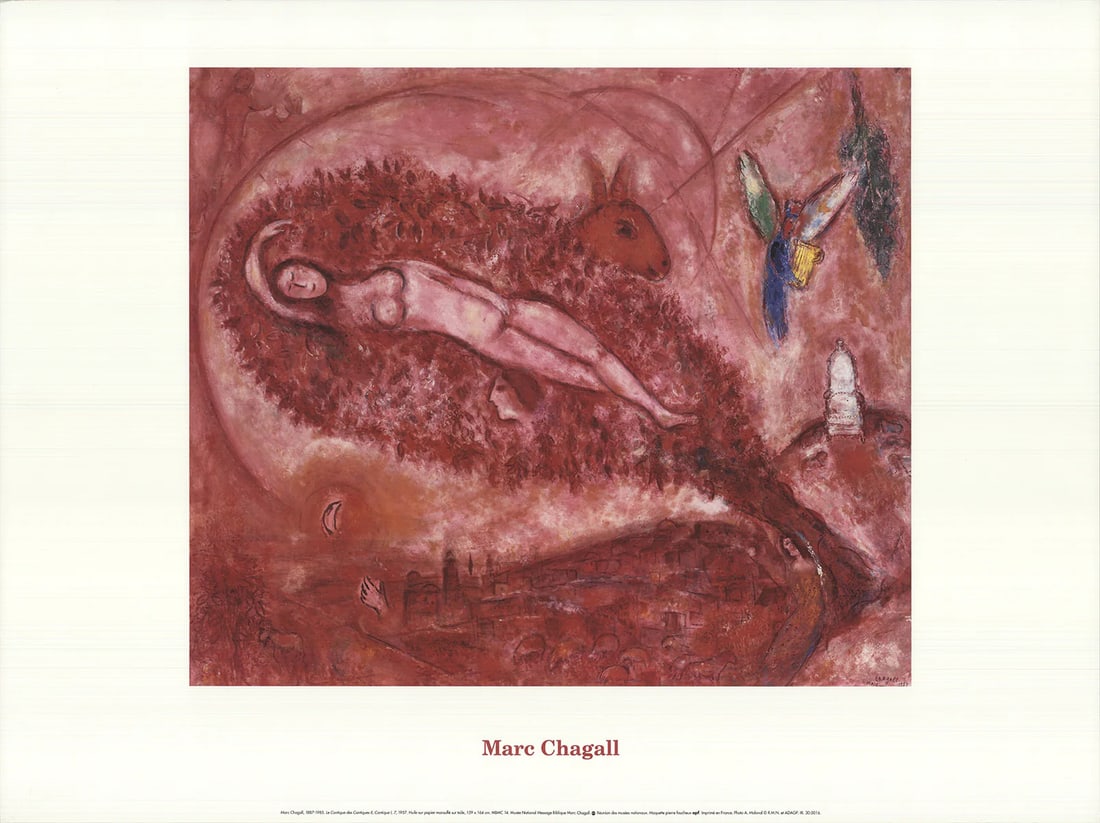 MARC CHAGALL The Song of Songs II 23.75" x 31.5" Offset Lithograph: MARC CHAGALL The Song of Songs II 23.75" x 31.5" Offset Lithograph Experience the enchanting world of Marc Chagall with his captivating offset lithograph, The Song of Songs II. Measuring 23.75 x 31.5
