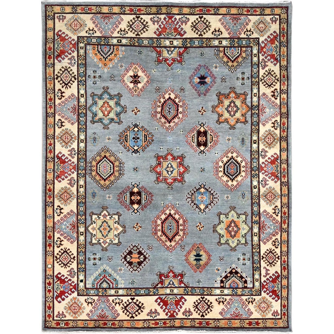 Rug 5'7"x7'5" Poolhouse Gray Special Kazak Hand Knotted 100% Wool: Rug 5'7"x7'5" Poolhouse Gray Special Kazak Hand Knotted 100% Wool Experience the rich beauty of traditional Afghan craftsmanship with this stunning 100% wool Kazak hand-knotted rug, measuring