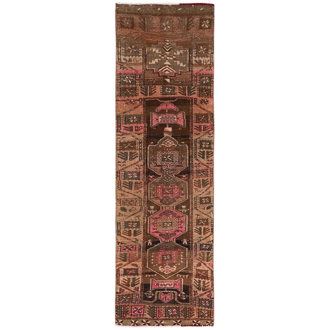 Brown Vintage Northwest Zoroastrian Pure Wool Hand-Knotted Runner (2'7"x8'9"): Brown Vintage Northwest Zoroastrian Pure Wool Hand-Knotted Runner (2'7"x8'9") Experience the rich heritage of Turkey with this stunning, hand-knotted brown wool runner from the 1950s. Featuring