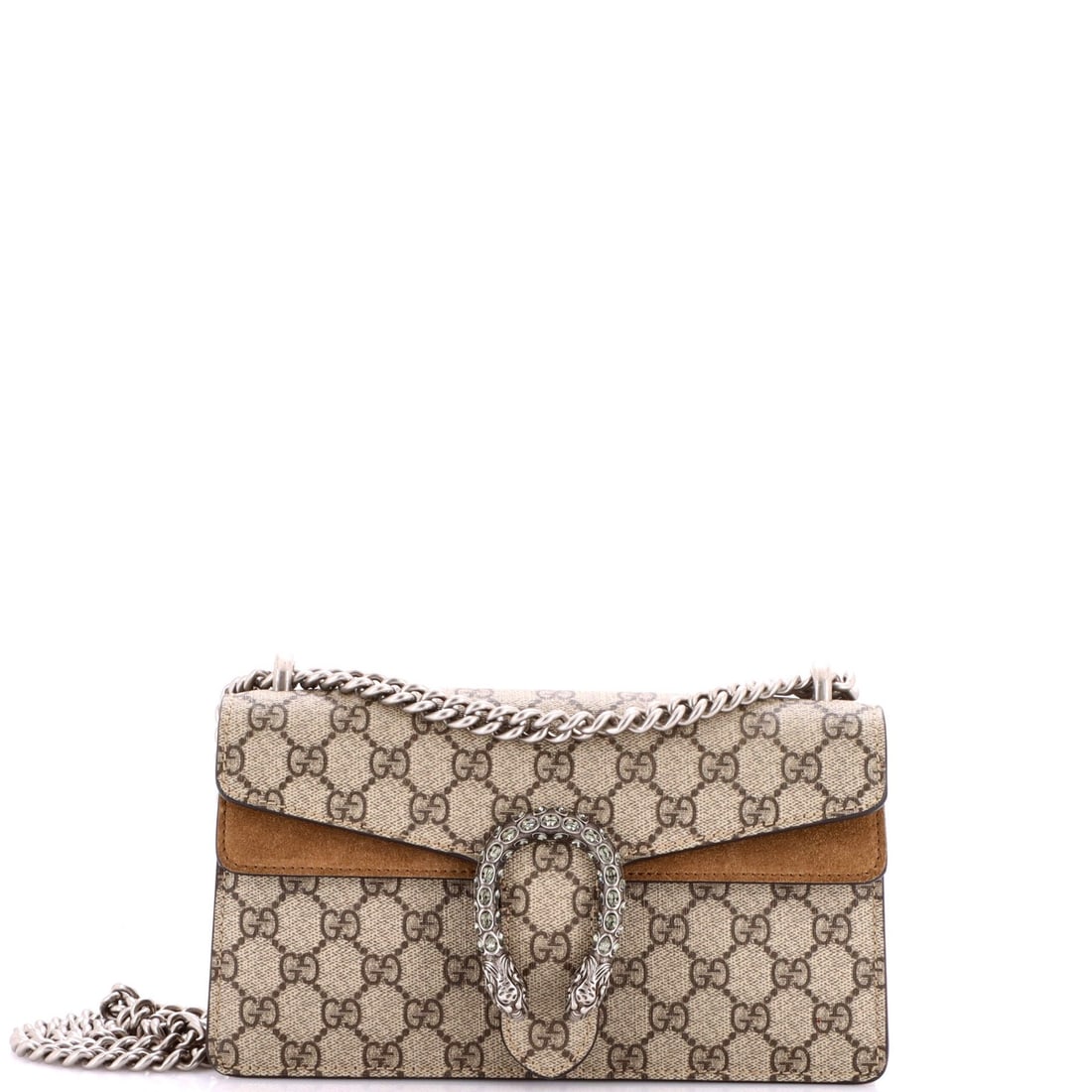 Gucci Dionysus Small GG Coated Canvas Bag with Crystal Embellished Metal: Gucci Dionysus Small GG Coated Canvas Bag with Crystal Embellished Metal Elevate your everyday style with the iconic Gucci Dionysus Small GG Coated Canvas Bag, boasting a sleek brown exterior adorned