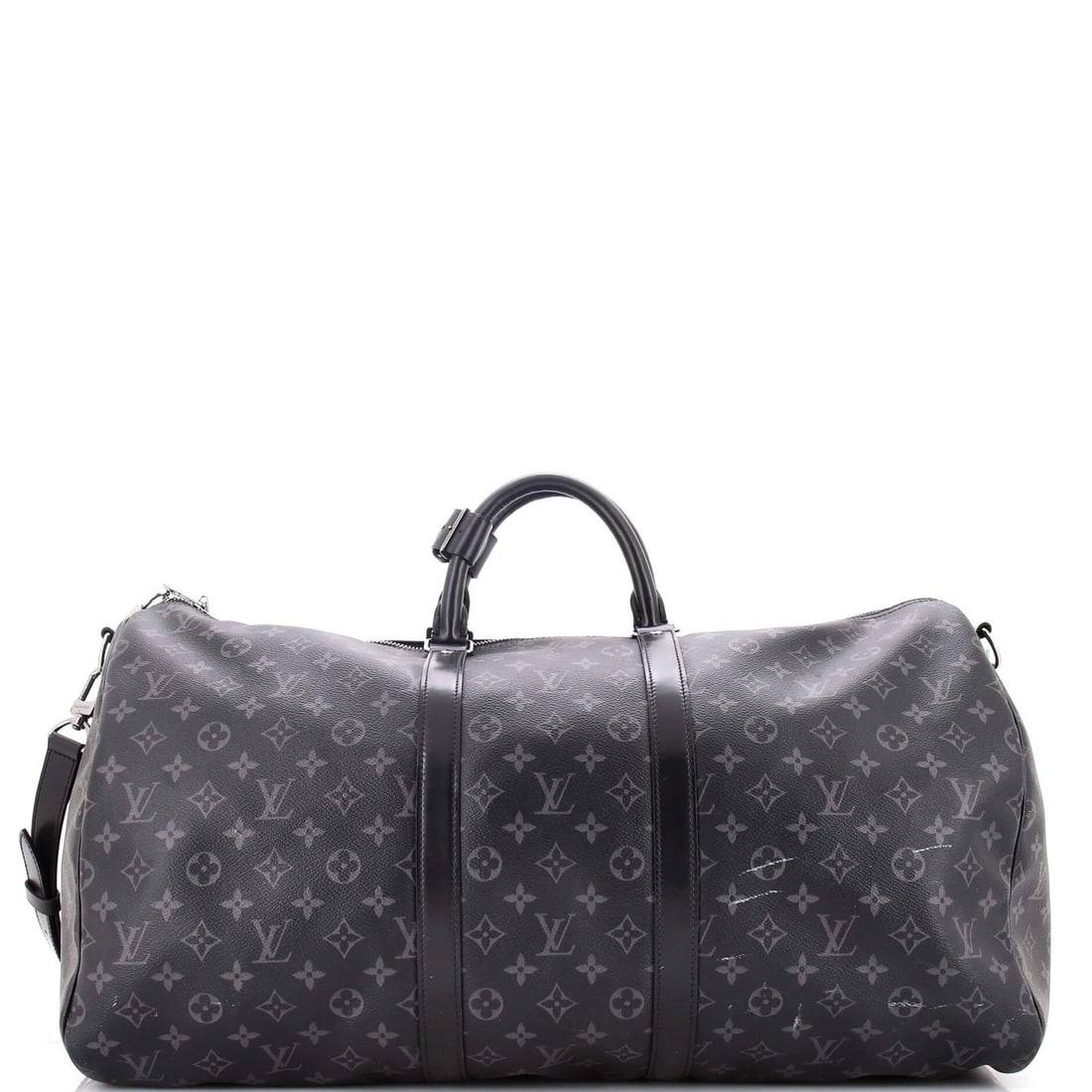 55 Louis Vuitton Keepall Bandouliere Bag Monogram Eclipse Canvas: 55 Louis Vuitton Keepall Bandouliere Bag Monogram Eclipse Canvas Experience the timeless elegance of a classic Louis Vuitton Keepall Bandouliere Bag, crafted from durable canvas-coated materials and