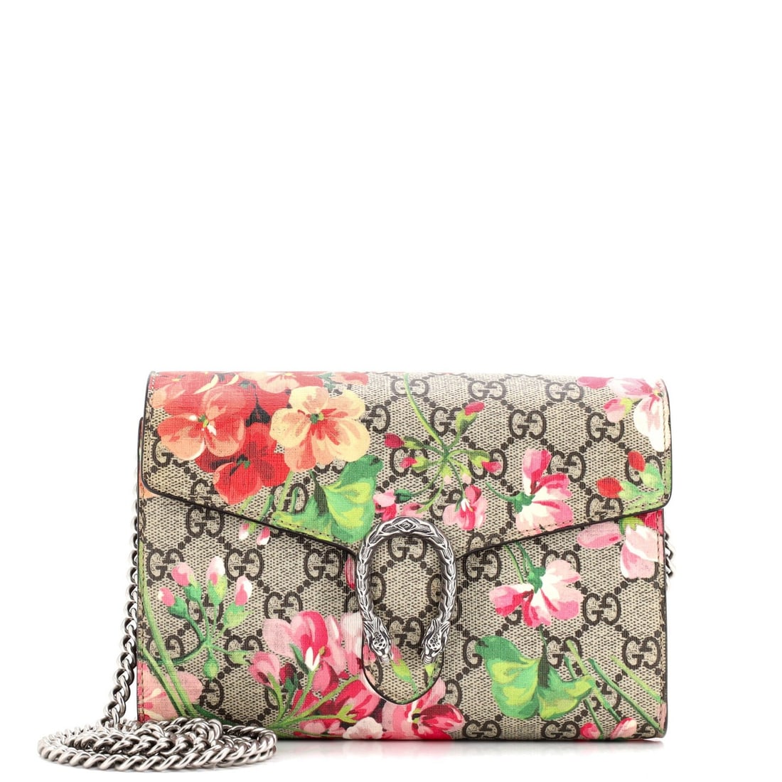Gucci Dionysus Chain Wallet with Blooms Print on GG Coated Canvas (Small): Gucci Dionysus Chain Wallet with Blooms Print on GG Coated Canvas (Small) The Gucci Dionysus Chain Wallet with Blooms Print is a stylish and versatile accessory that combines classic elegance with