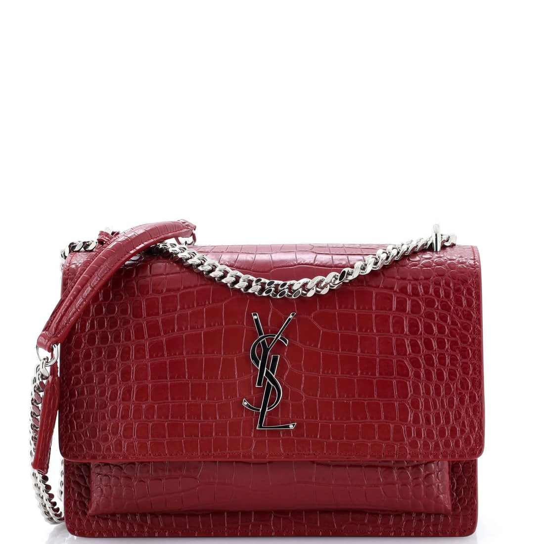 Medium Saint Laurent Sunset Crossbody Bag Crocodile Embossed Leather: Medium Saint Laurent Sunset Crossbody Bag Crocodile Embossed Leather The Saint Laurent Sunset Crossbody Bag is a stunning, medium-sized accessory that exudes luxury and sophistication. Crafted from