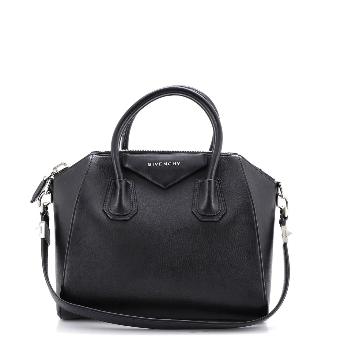 Givenchy Antigona Small Leather Bag: Givenchy Antigona Small Leather Bag The Givenchy Antigona Small Leather Bag is a timeless and sophisticated accessory that exudes elegance with its sleek black leather exterior, silver hardware, and