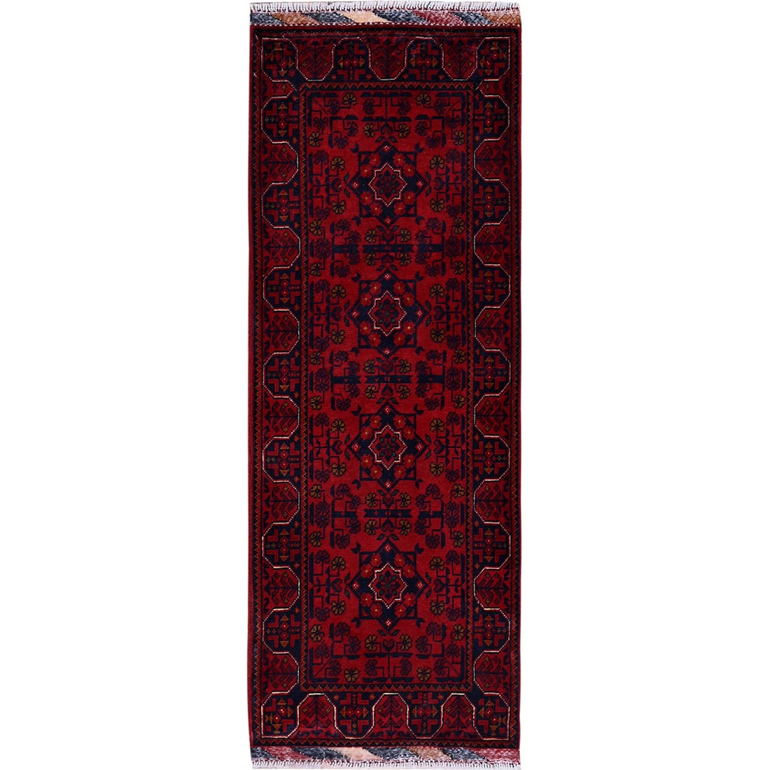 Rug 1'10"x5' Red Afghan Khamyab Geometric Pattern Hand Knotted Wool Runner: Rug 1'10"x5' Red Afghan Khamyab Geometric Pattern Hand Knotted Wool Runner Experience the rich cultural heritage of Afghanistan with this stunning 100% wool hand-knotted rug, featuring a vibrant red