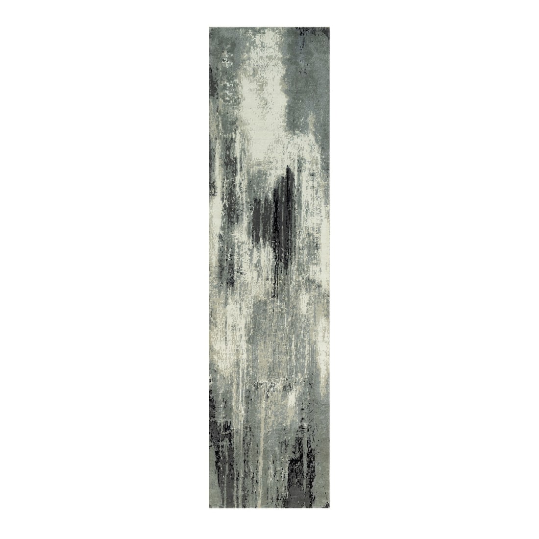 Pitch Black Abstract Wool-Silk Hand Knotted Runner Rug (2'7"x10'): Pitch Black Abstract Wool-Silk Hand Knotted Runner Rug (2'7"x10') Experience the rich textures and subtle nuances of Indian craftsmanship with this stunning Pitch Black Abstract Wool-Silk Hand Knotted