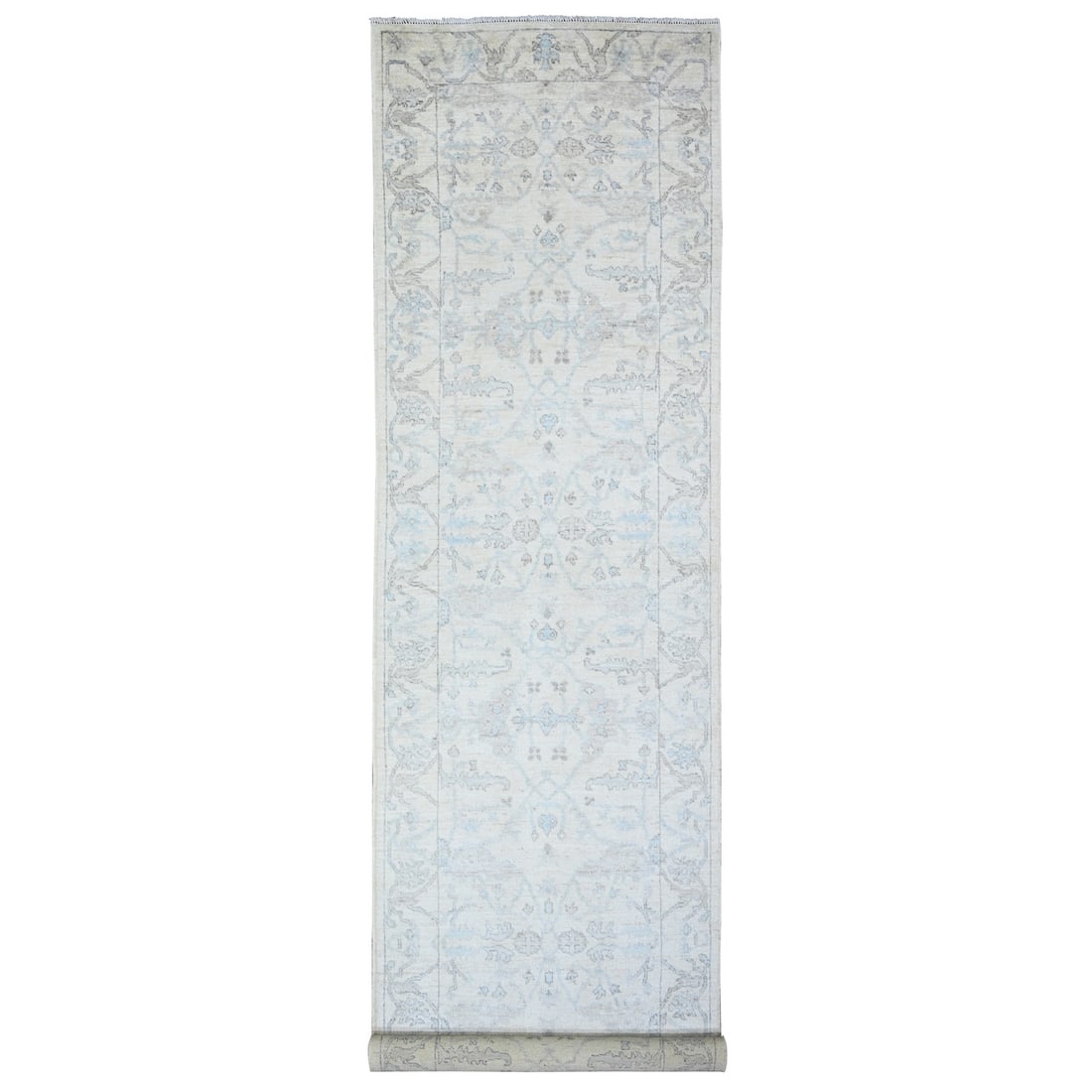Rug 4'x16'1" Lily White Hand Knotted Faded Angora Oushak Wide Runner: Rug 4'x16'1" Lily White Hand Knotted Faded Angora Oushak Wide Runner Experience the timeless beauty of India's rich cultural heritage with this stunning 4'x16'1" Lily White Hand Knotted Faded Angora O