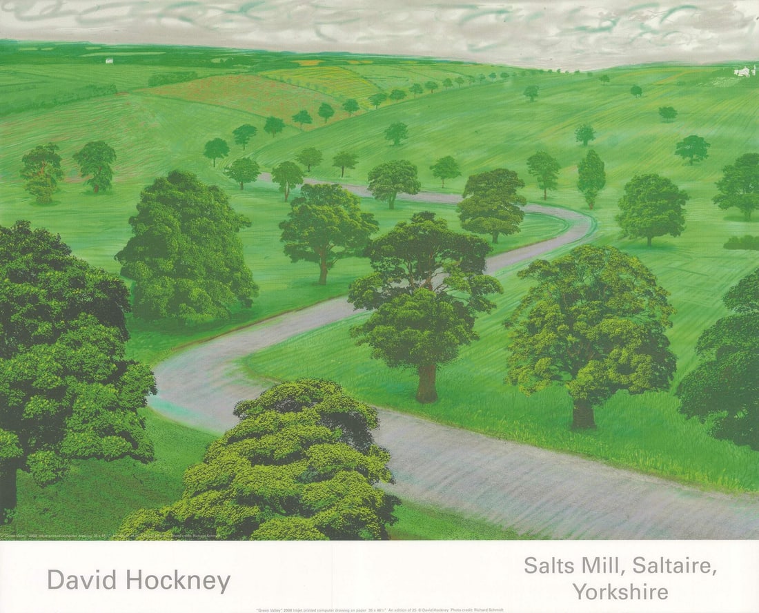 David Hockney Green Valley (19.5" x 24") 2008 Offset Lithograph: David Hockney Green Valley (19.5" x 24") 2008 Offset Lithograph Experience the serene beauty of David Hockney's 2008 offset lithograph, Green Valley, measuring 19.5" x 24". This stunning landscape