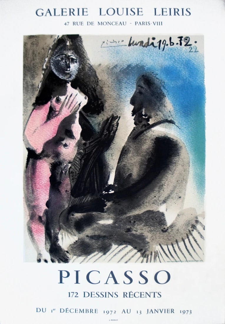 Blue PABLO PICASSO 172 Dessins Recents 28.25" x 19" Lithograph 1972 Cubism Pink: Blue PABLO PICASSO 172 Dessins Recents 28.25" x 19" Lithograph 1972 Cubism Pink A stunning 1972 lithograph by the iconic Pablo Picasso, '172 Dessins Recents' is a rare and notable piece of modern