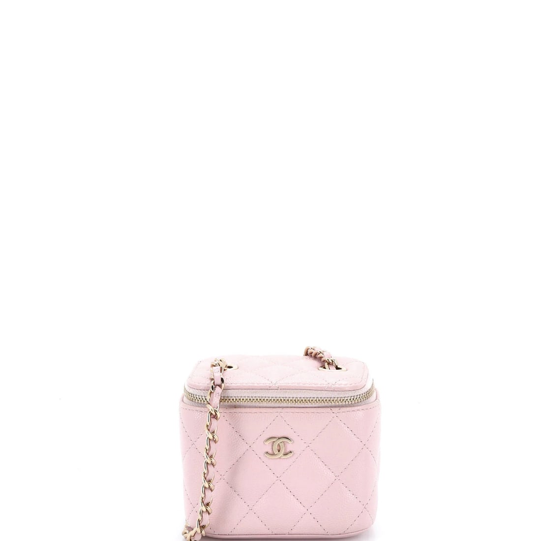 Chanel Caviar Mini Quilted Chain Vanity Case: Chanel Caviar Mini Quilted Chain Vanity Case The Chanel Caviar Mini Quilted Chain Vanity Case is a timeless and elegant accessory for any beauty enthusiast, boasting a chic pink exterior with quilted