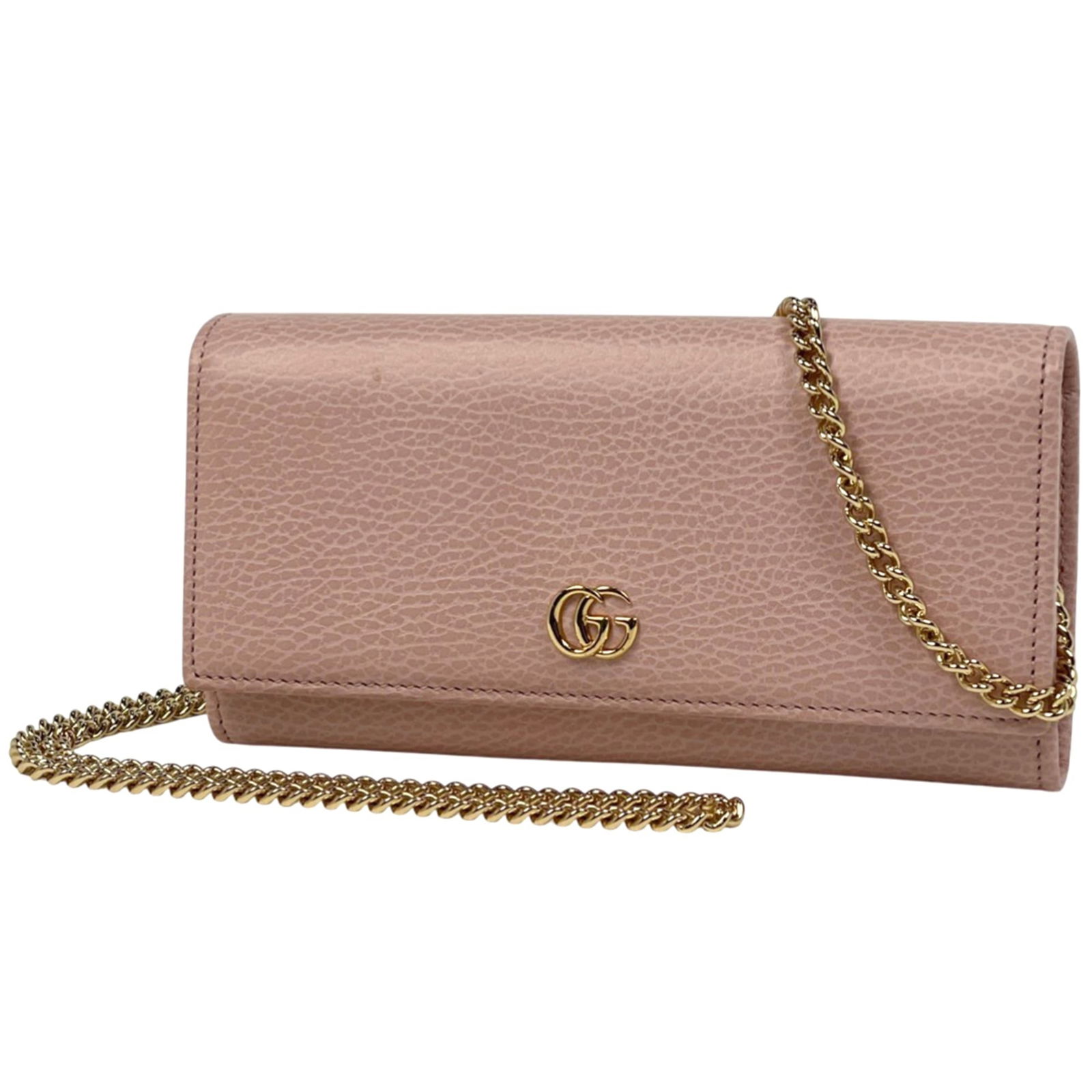 Gucci Chain and Leather Shoulder Wallet: Gucci Chain and Leather Shoulder Wallet Elevate your style with this iconic Gucci chain and leather shoulder wallet, boasting sleek pink leather and sturdy chain details that add an edgy touch to any