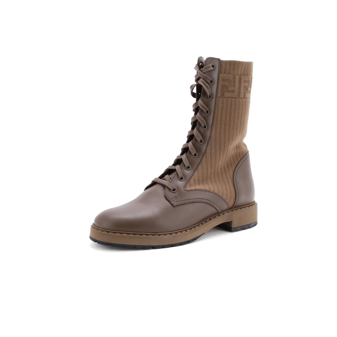 Zucca Fendi Women's Rockoko Combat Boots Leather with Knit Stretch Fabric and: Zucca Fendi Women's Rockoko Combat Boots Leather with Knit Stretch Fabric and Elevate your style with the iconic Fendi Rockoko Combat Boots, boasting a sleek leather upper and knit stretch fabric for