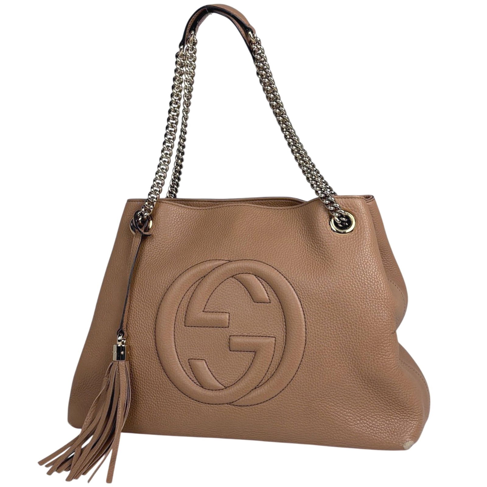 Gucci Leather Tote Bag: Gucci Leather Tote Bag A pre-owned Gucci leather tote bag in classic beige, boasting a timeless design and premium quality that exudes luxury. With its spacious interior and comfortable shoulder