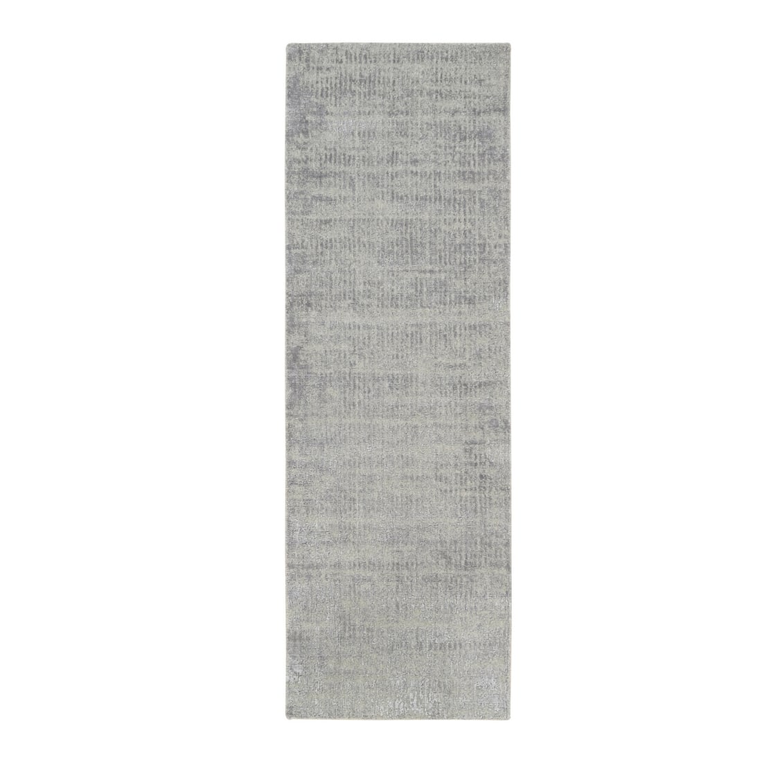 Rug 2'6"x8' Gray Fine Jacquard Hand-Loomed Modern Wool and Silk Runner: Rug 2'6"x8' Gray Fine Jacquard Hand-Loomed Modern Wool and Silk Runner Experience the rich textures and subtle nuances of this exquisite, hand-loomed gray silk and wool runner from India, crafted
