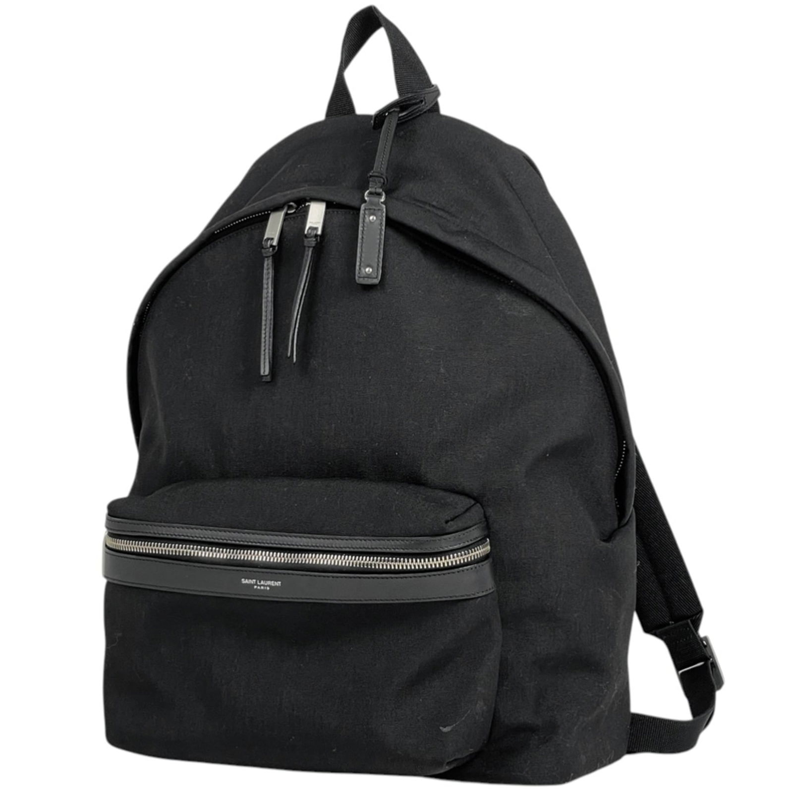 Saint Laurent Nylon Leather Backpack: Saint Laurent Nylon Leather Backpack A chic and versatile Saint Laurent backpack, crafted from durable nylon and premium leather, in sleek black tones. With its timeless design and spacious interior,