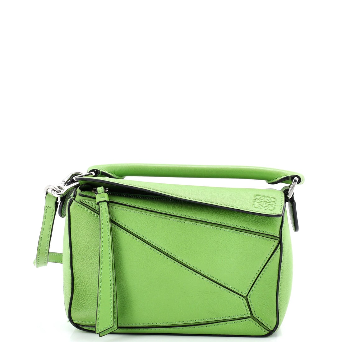Loewe Mini Leather Puzzle Bag: Loewe Mini Leather Puzzle Bag The Loewe Mini Leather Puzzle Bag is a charming, eco-friendly accessory that combines sleek design with a playful twist. With its green leather exterior and neutral