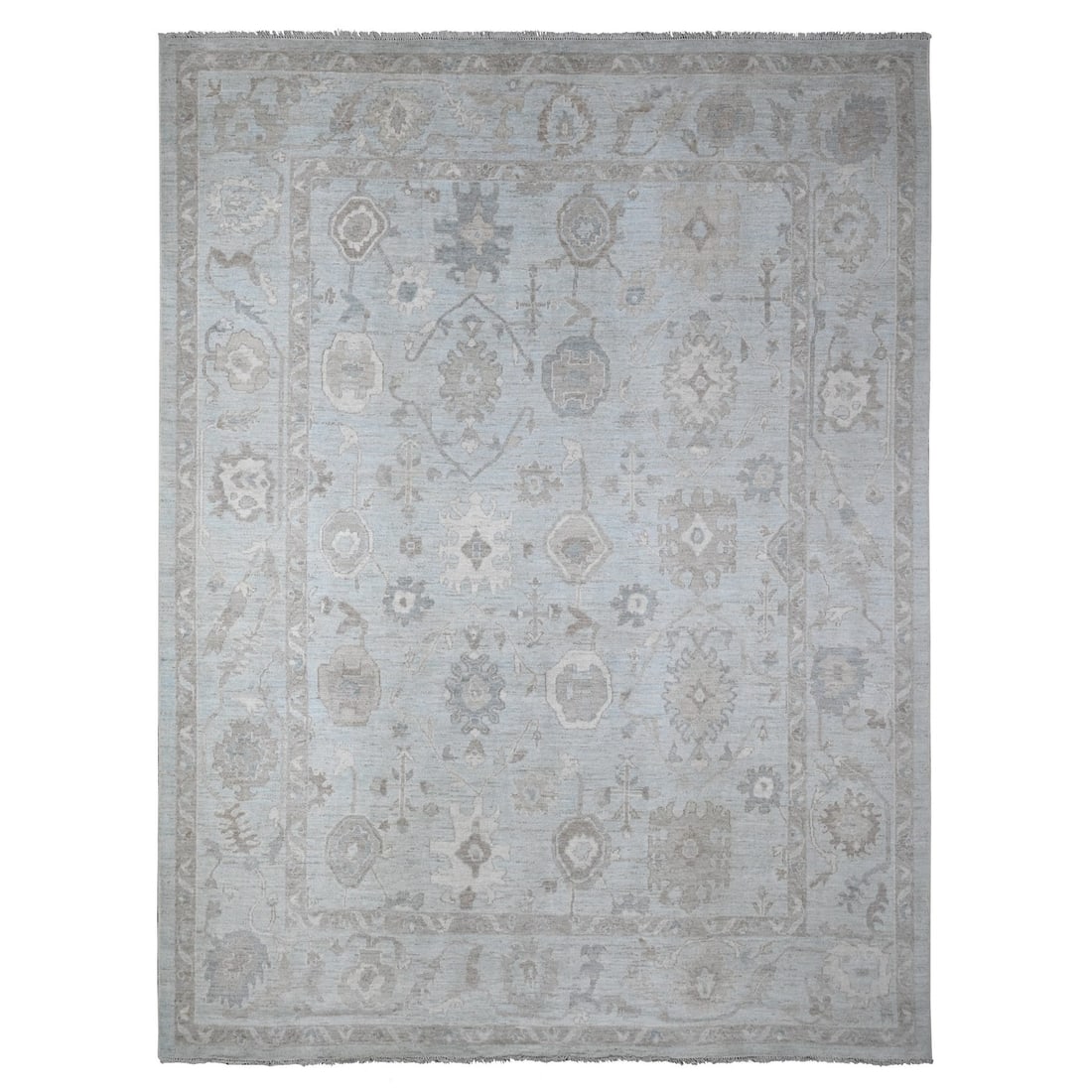Rug 9'2"x12' Cloud Gray Natural Wool Faded Out Angora Oushak Oriental: Rug 9'2"x12' Cloud Gray Natural Wool Faded Out Angora Oushak Oriental Experience the warmth and elegance of a traditional Turkish Oushak rug, crafted from 100% natural wool in a beautiful cloud gray