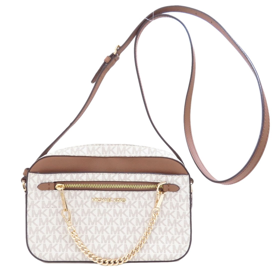 Michael Kors Signature Shoulder Bag in PVC: Michael Kors Signature Shoulder Bag in PVC Elevate your everyday style with the sleek and sophisticated Michael Kors Signature Shoulder Bag in PVC. This chic bag boasts a striking white and brown