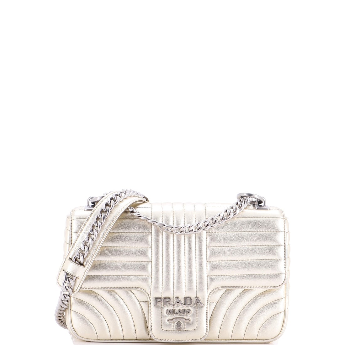 Prada Medium Quilted Leather Shoulder Bag with Chain Flap: Prada Medium Quilted Leather Shoulder Bag with Chain Flap Elevate your style with the iconic Prada Medium Quilted Leather Shoulder Bag, boasting a sleek chain flap and rich gold exterior that adds a