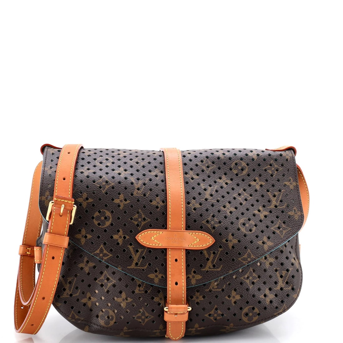 Louis Vuitton Flore Saumur Handbag in Perforated Monogram Canvas: Louis Vuitton Flore Saumur Handbag in Perforated Monogram Canvas Experience the timeless elegance of the iconic Louis Vuitton Flore Saumur handbag, boasting a rich brown perforated monogram canvas