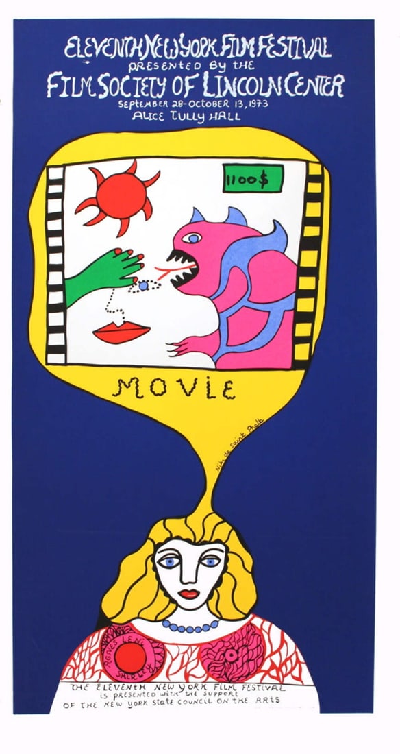 Ar NIKI DE SAINT PHALLE 11th New York Film Festival 70" x 37" Serigraph 1973 Pop: Ar NIKI DE SAINT PHALLE 11th New York Film Festival 70" x 37" Serigraph 1973 Pop Experience the vibrant art of Niki de Saint Phalle, celebrated for her bold and colorful works, with this stunning