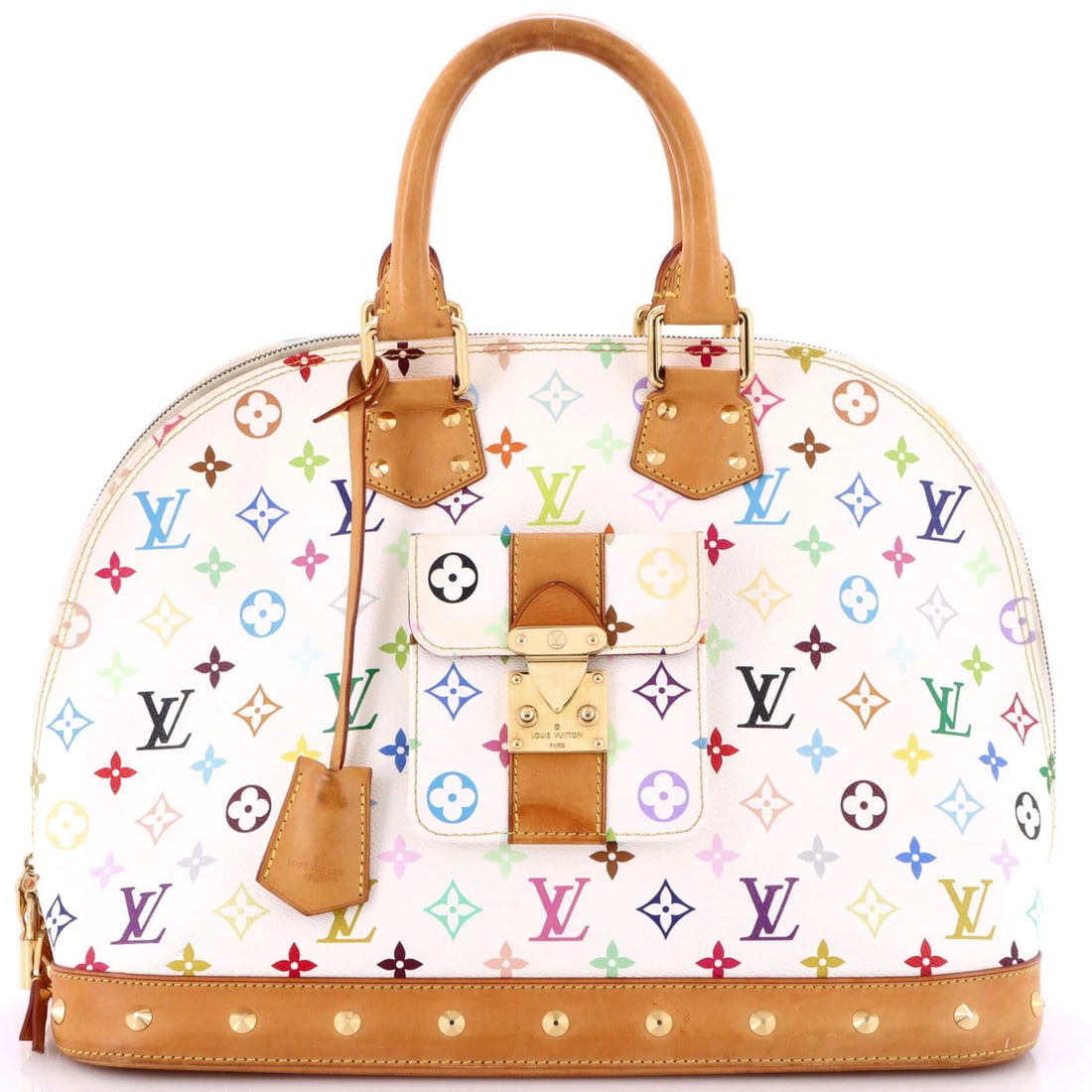 Louis Vuitton Alma Monogram Multicolor GM Handbag: Louis Vuitton Alma Monogram Multicolor GM Handbag Own the iconic Louis Vuitton Alma Monogram Multicolor GM Handbag, boasting vibrant multicolored monograms on its canvas-coated exterior and sleek, mod