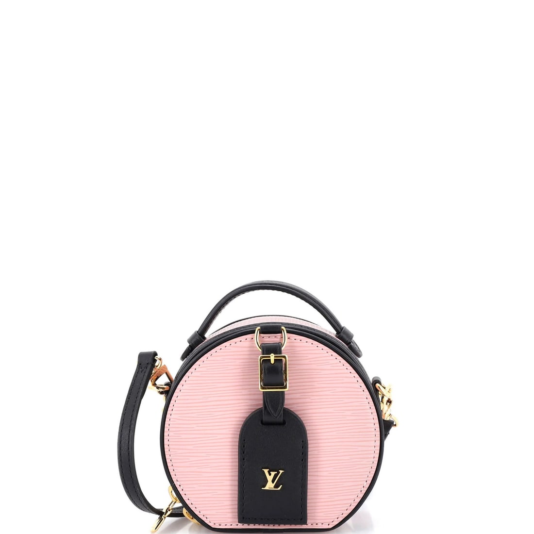 Leather Louis Vuitton Mini Boite Chapeau Bag Epi: Leather Louis Vuitton Mini Boite Chapeau Bag Epi A rare and stylish find, this Mini Boite Chapeau Bag Epi from Louis Vuitton boasts sleek black leather exterior with subtle pink accents, adding a