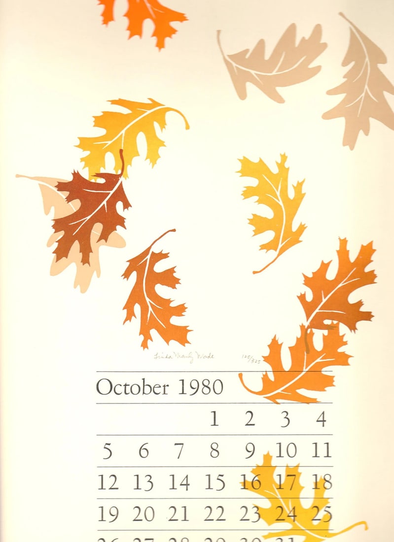 Linda M. Manly, Fall Leaves, Signed 14" x 10" Serigraph, 1980: Linda M. Manly, Fall Leaves, Signed 14" x 10" Serigraph, 1980 Linda M. Manly's vibrant serigraph, "Untitled (Fall Leaves)", is a stunning representation of autumnal beauty, captured in 1980. Measuring