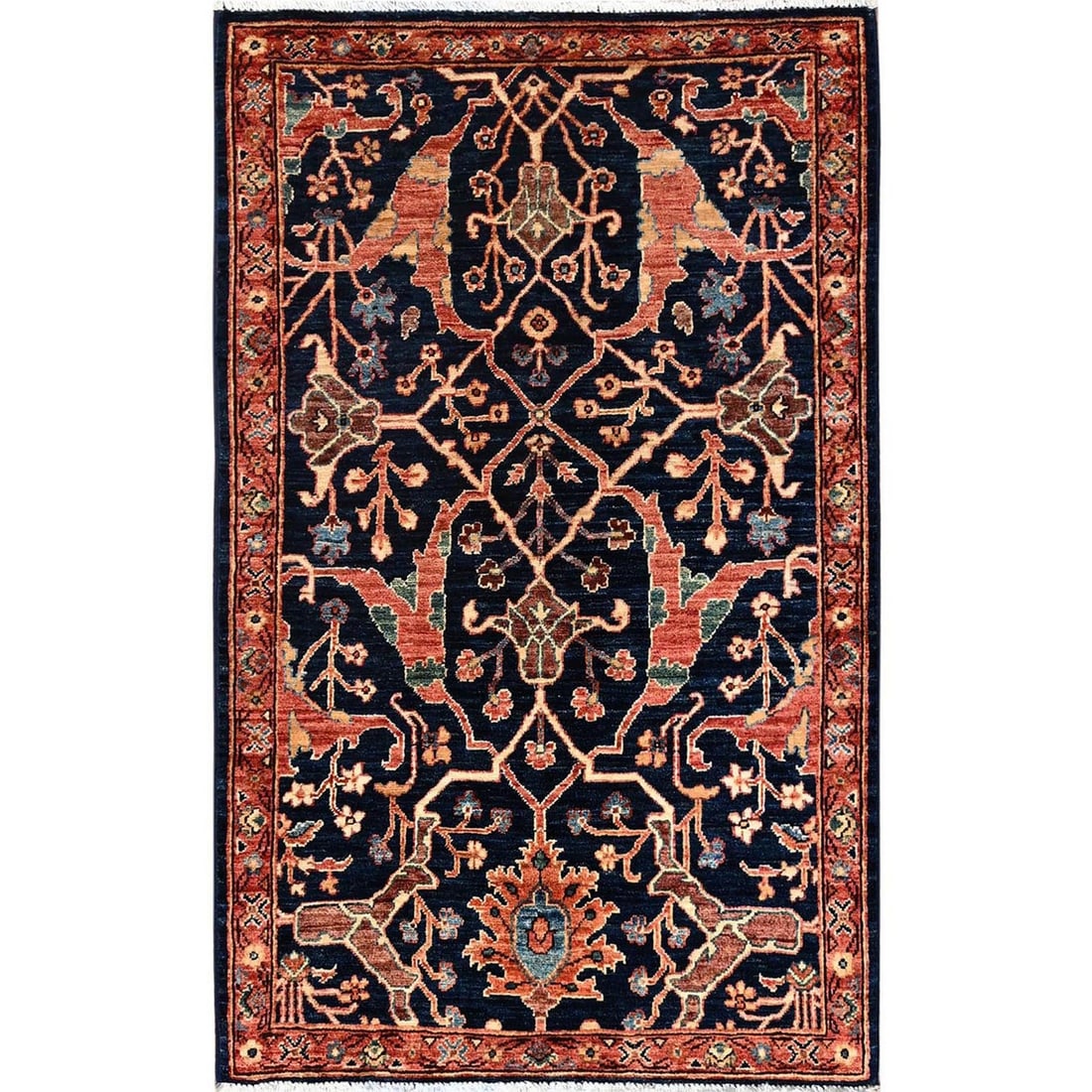 Knotted 3'x4'9" Navy Blue Bijar Garus Design Rug High Mountain Wool Hand: Knotted 3'x4'9" Navy Blue Bijar Garus Design Rug High Mountain Wool Hand Experience the rich beauty of Afghan craftsmanship with this stunning, hand-knotted 3'x4'9" Navy Blue Bijar Garus Design Rug ma