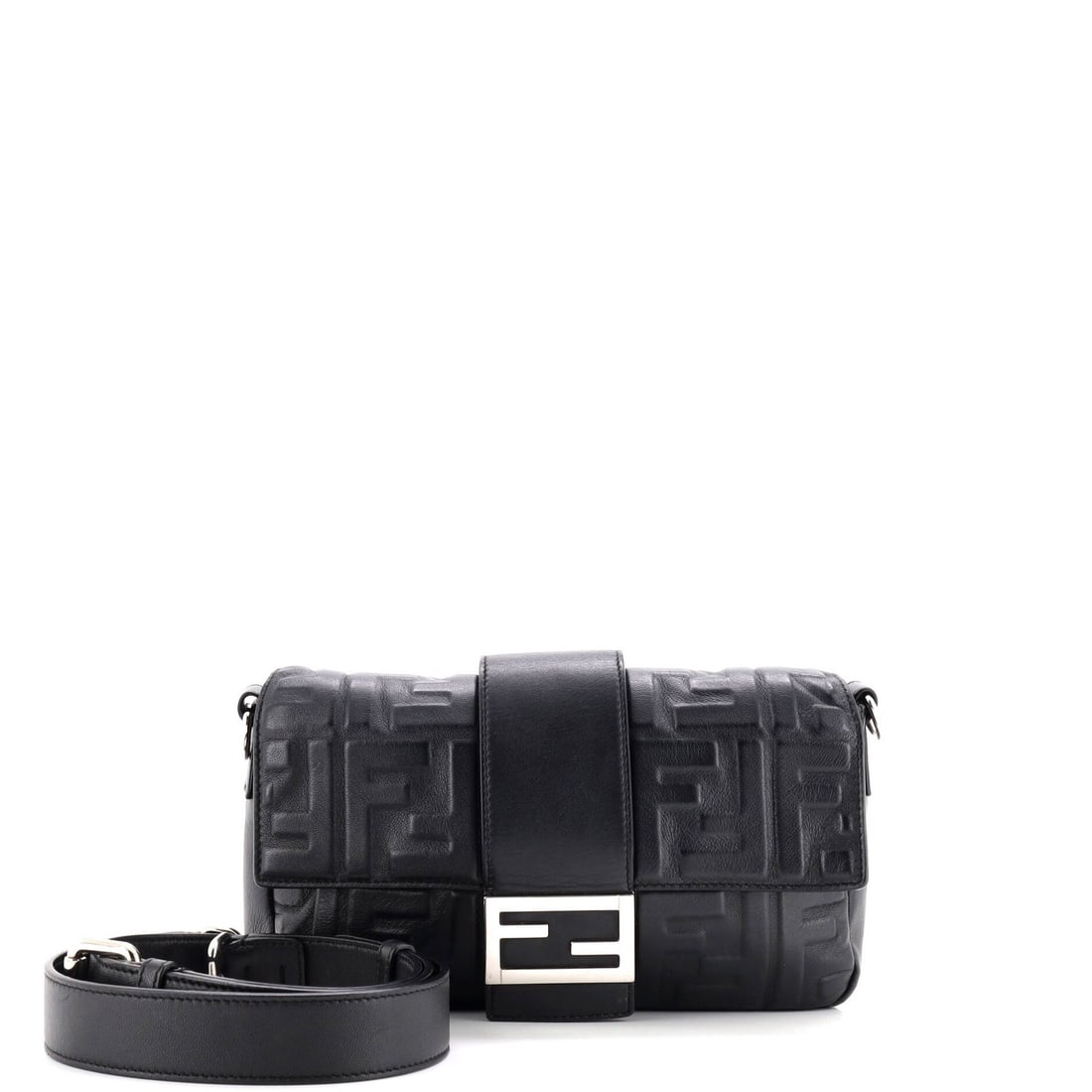Fendi Baguette Convertible Belt Bag in Medium Zucca Embossed Leather: Fendi Baguette Convertible Belt Bag in Medium Zucca Embossed Leather The Fendi Baguette Convertible Belt Bag is a stylish and versatile accessory that combines sleek design with practical