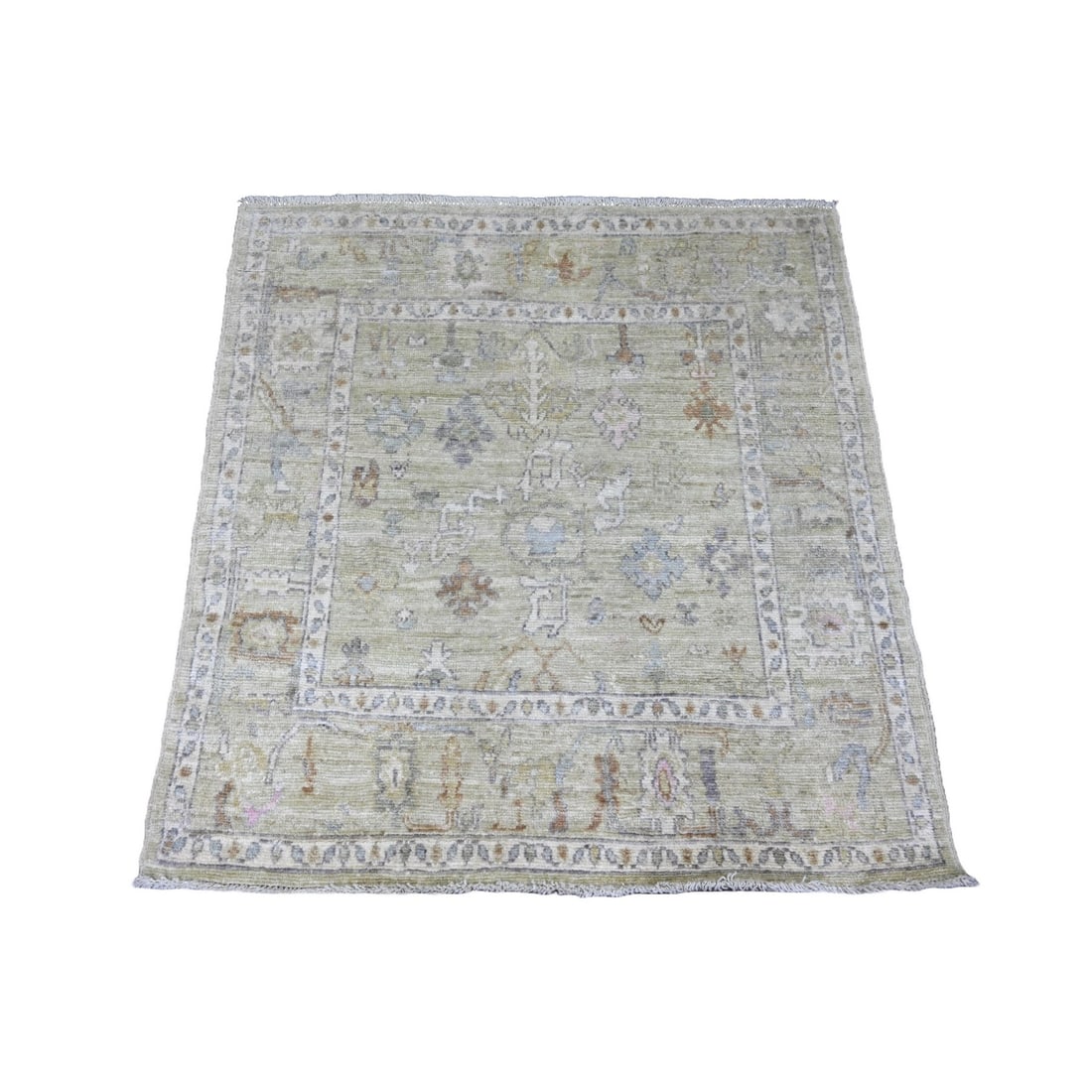 Rug 4'2"x4'2" Green Hand Knotted Angora Oushak Leaf Design Wool Square: Rug 4'2"x4'2" Green Hand Knotted Angora Oushak Leaf Design Wool Square Experience the rich beauty of traditional Afghan craftsmanship with this stunning 4'2"x4'2" Green Hand Knotted Angora Oushak