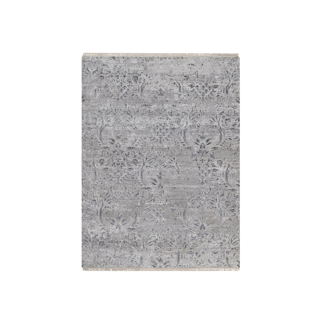 5'x7' Cloud Gray Tone on Hand Knotted Rug Damask Design Wool and Silk: 5'x7' Cloud Gray Tone on Hand Knotted Rug Damask Design Wool and Silk Experience the timeless elegance of India's rich cultural heritage with this stunning 5'x7' Cloud Gray Tone on Hand Knotted Rug Da