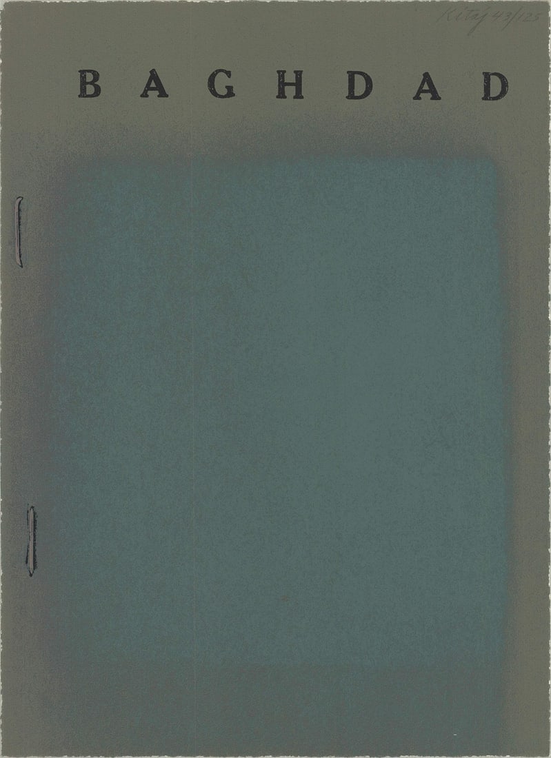 Baghdad SIGNED R.B. Kitaj 20" x 14.5" Turquoise Serigraph 1972 Contemporary: Baghdad SIGNED R.B. Kitaj 20" x 14.5" Turquoise Serigraph 1972 Contemporary R.B. Kitaj's vibrant 1972 serigraph, "Baghdad", is a stunning example of the artist's unique style, characterized by bold